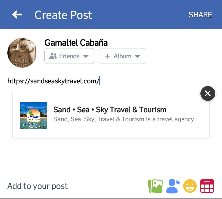 screenshot of facebook on app with the website preview using the square layout